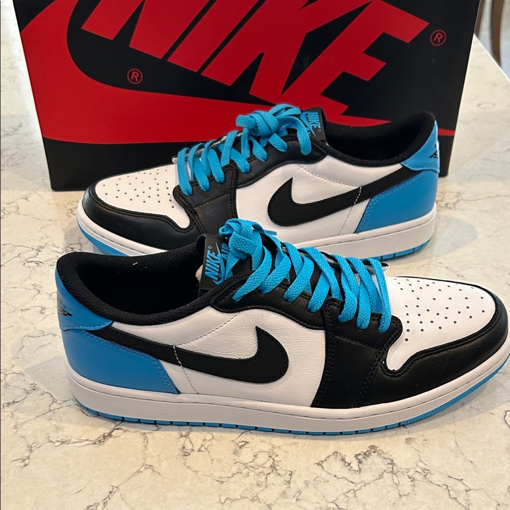 Air Jordan 1 Low Nike Men's Black and Dark Powder Blue Athletic Shoes - Picture 4 of 9